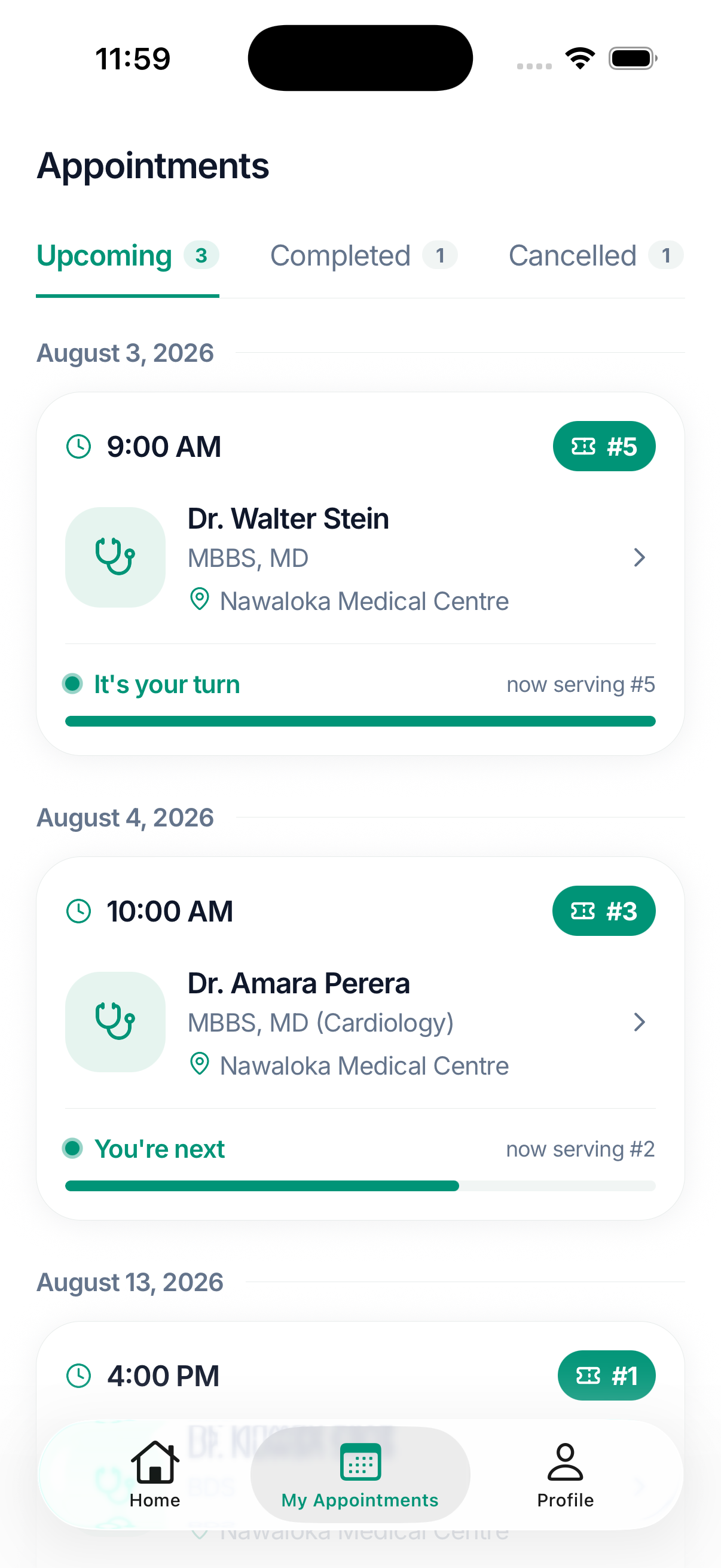 Appointments screen with upcoming, completed and cancelled tabs