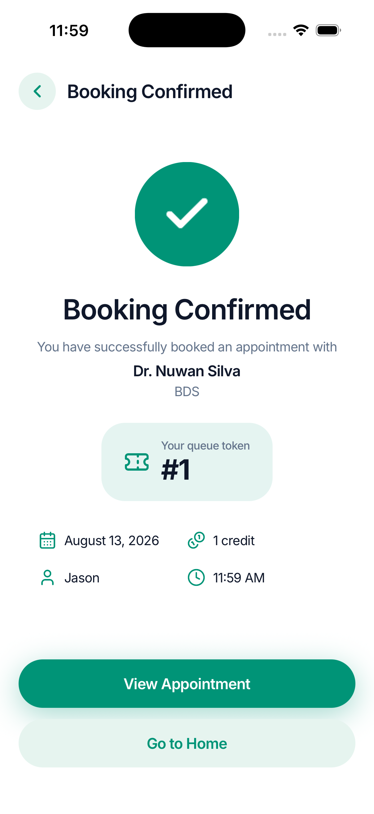 Booking confirmed screen showing the issued queue token