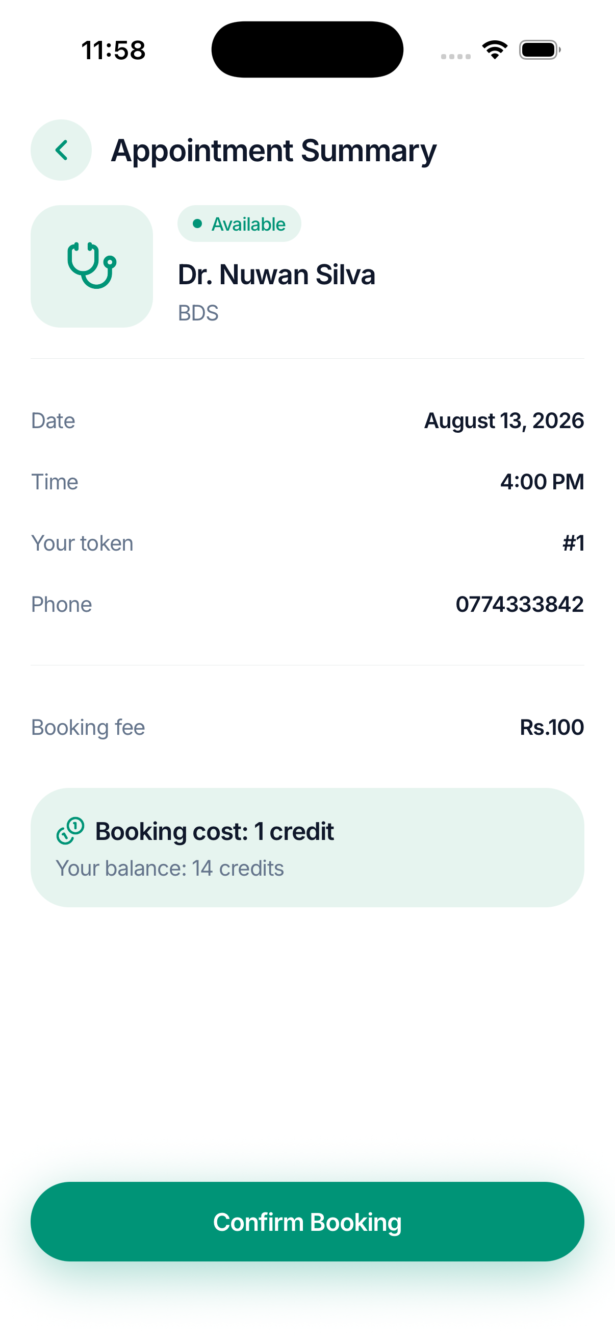 Appointment summary showing date, queue token, booking fee and credit balance
