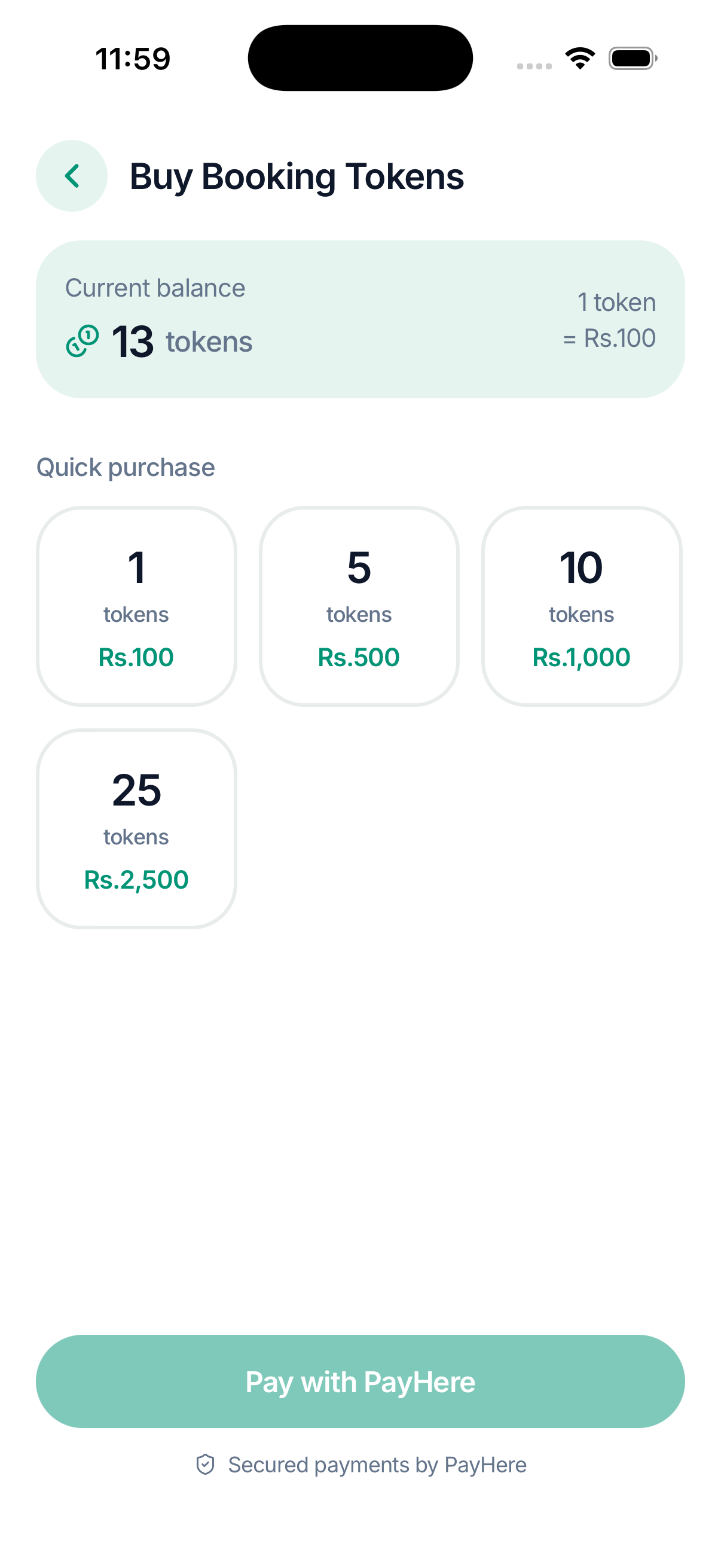 Credits screen showing balance, credit packs and PayHere checkout