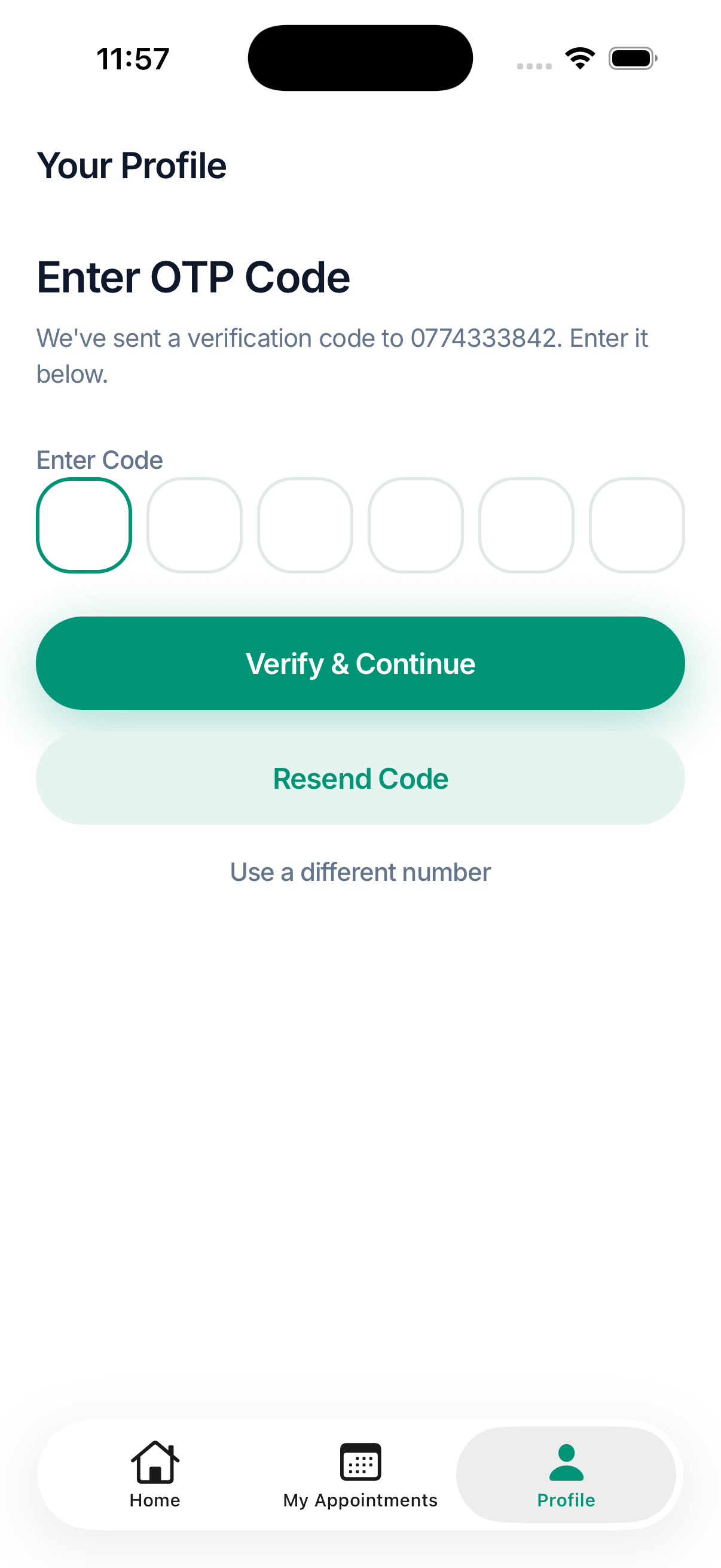 Phone verification screen with a six-digit OTP code