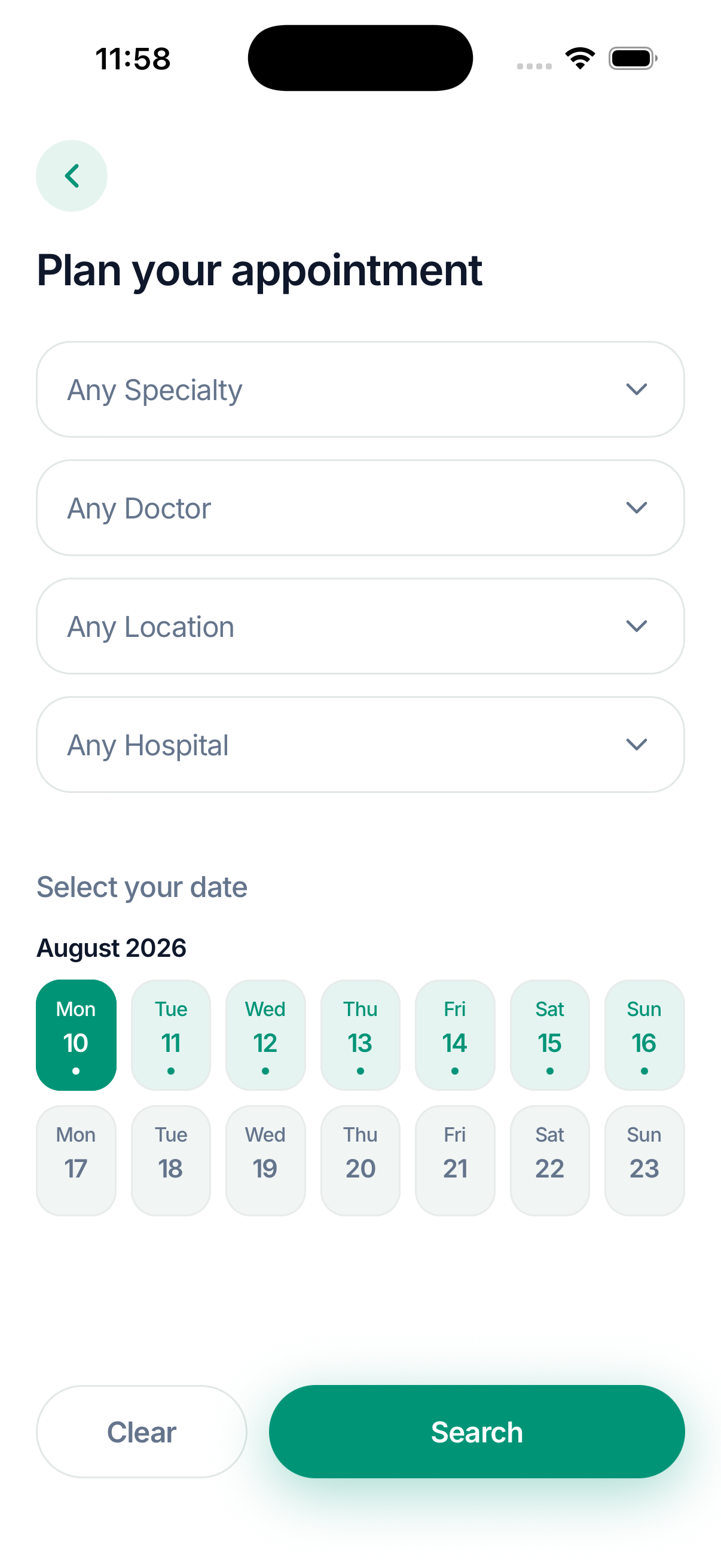 Plan your appointment screen with specialty, doctor, location and hospital pickers